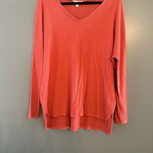 Time & Tru Ribbed V-Neck Sweater in Coral